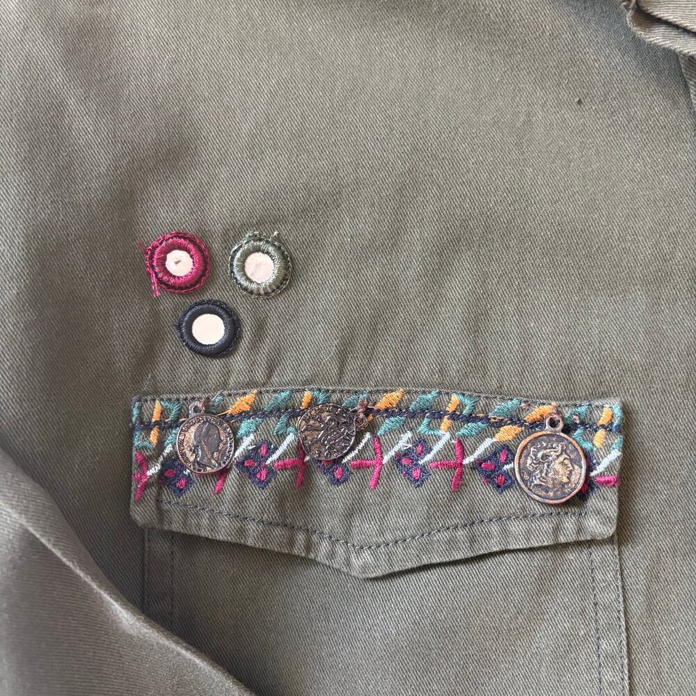 Anthropologie Beautiful Stories Embroidered Olive Jacket M Boho Metal Mirror - Picture 3 of 11